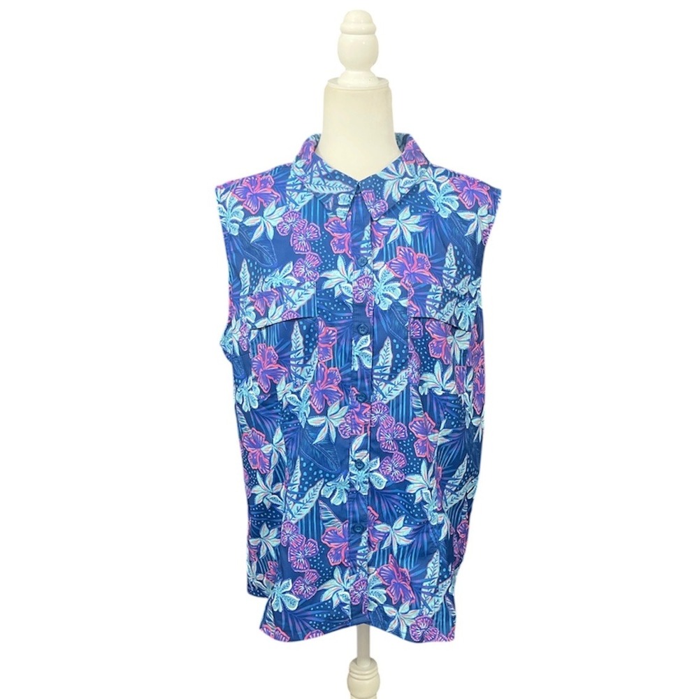 Reel Legends Mariner Fishing Shirt Womens XL Blue Floral Sleeveless Island